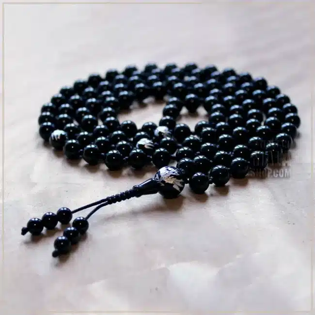 dragon mala with carved silver beads