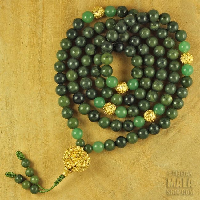green gold mala beads