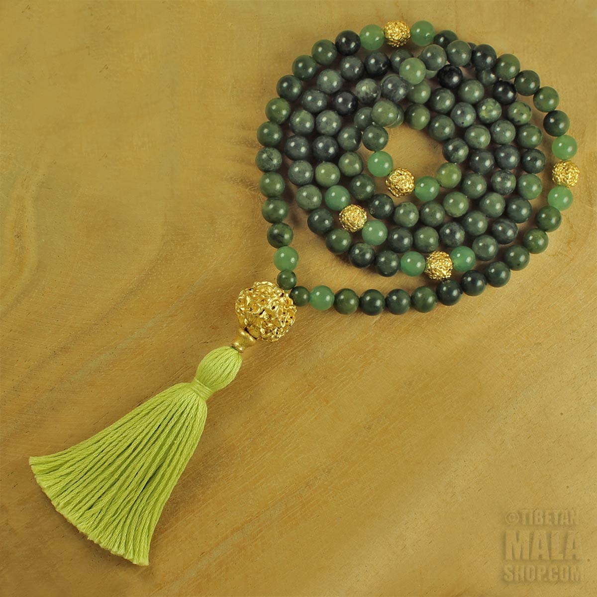 Green & Gold Tassel Mala, 108 Bead Jade, 24k Rudraksha & Aventurine