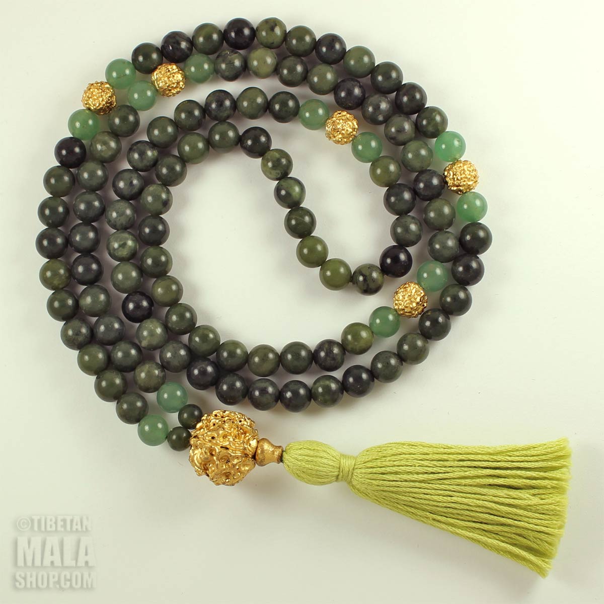 Green & Gold Tassel Mala, 108 Bead Jade, 24k Rudraksha & Aventurine