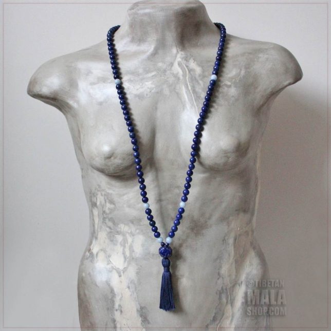 lapis yoga mala necklace with angelite beads and navy tassel