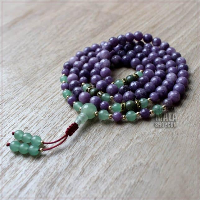 lepidolite prayer mala beads for mantra and meditation