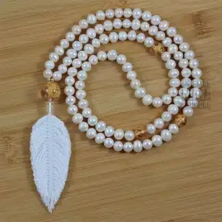pearl feather mala 108 bead mala with feather tassel