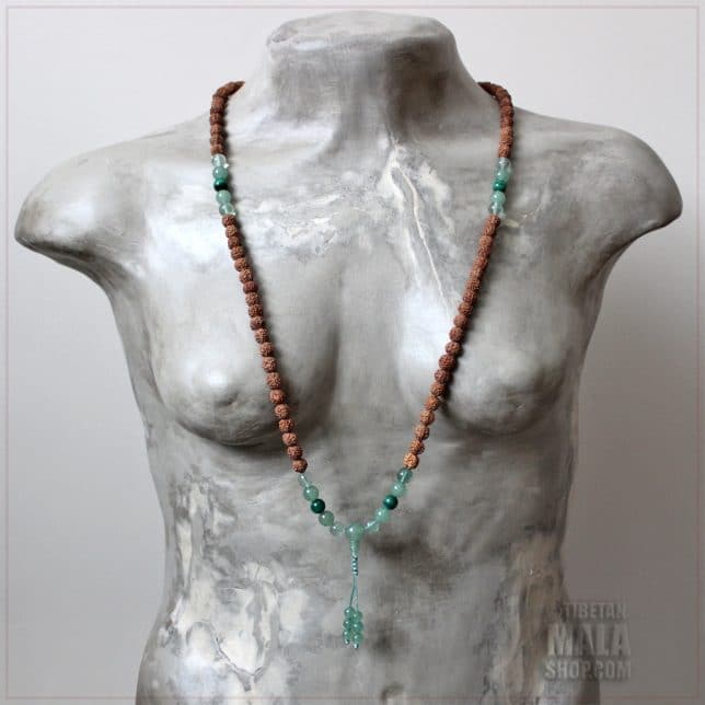 rudraksha with aventurine malachite fluorite 108 mala necklace