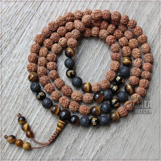 rudraksha with mantra beads lava rock tiger eye mala