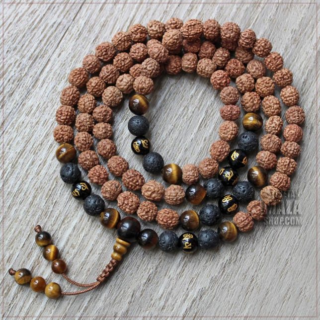 rudraksha with mantra beads lava rock tiger eye mala