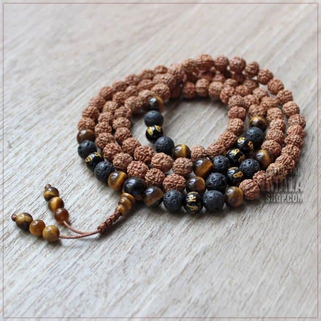 rudraksha with mantra beads lava rock tiger eye mala beads