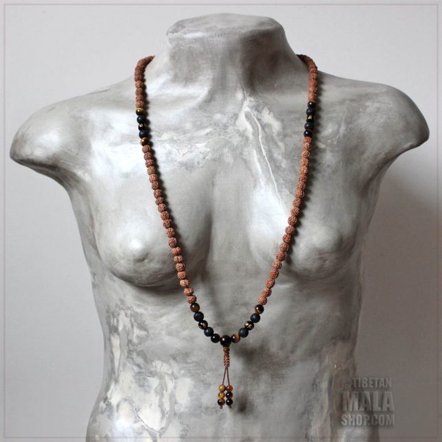 rudraksha with mantra beads lava rock tiger eye mala necklace