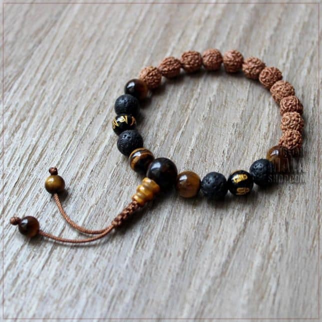 rudraksha with mantra beads lava rock tiger eye wrist mala beads