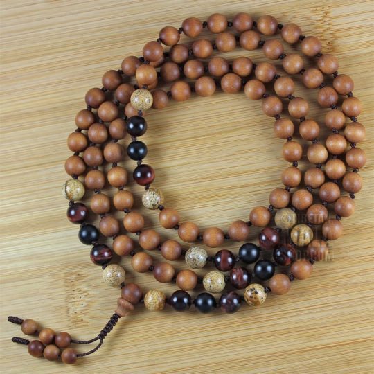 sandalwood with jasper knotted mala end beads