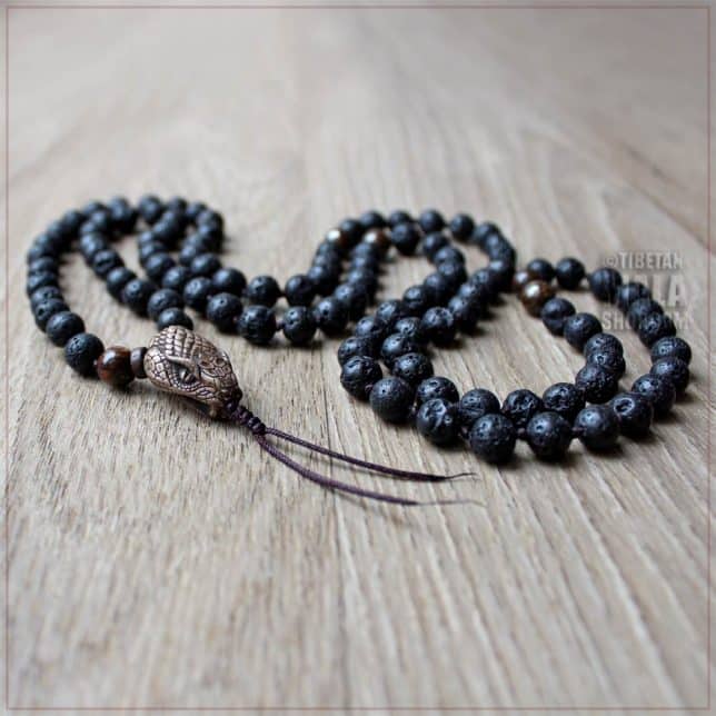 snake knotted mala beads with bronze snake guru bead